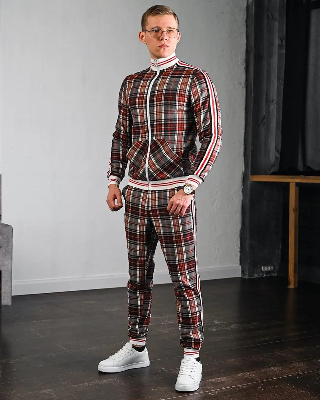 Mens Tracksuits Colorful Plaid Casual Zipper Hoodie Set 3D Print Set Autumn Male