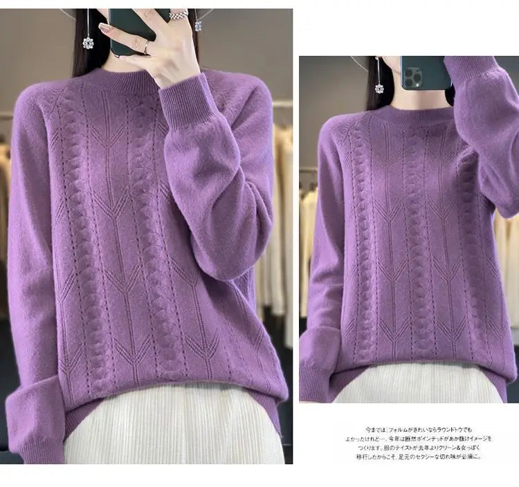 Women Stylish Simple Hollow Soft Cashmere Basic Knitted Sweater Solid O Neck Long Sleeve Loose