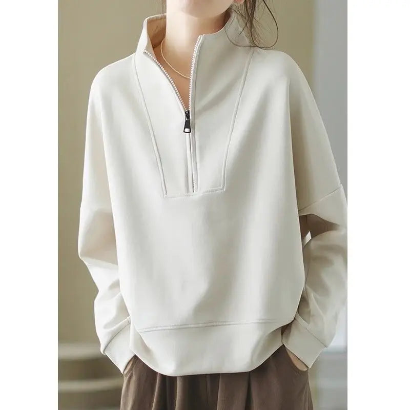 Fashionable and Casual Stand up Collar Sweatshirt Women in Spring and Autumn Loose Semi zipper