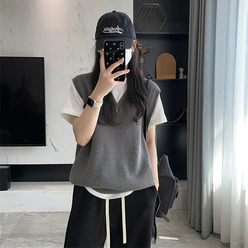 Casual Sleeveless Knitted Vest for Women Button V Neck Sweater Vest Woman Autumn