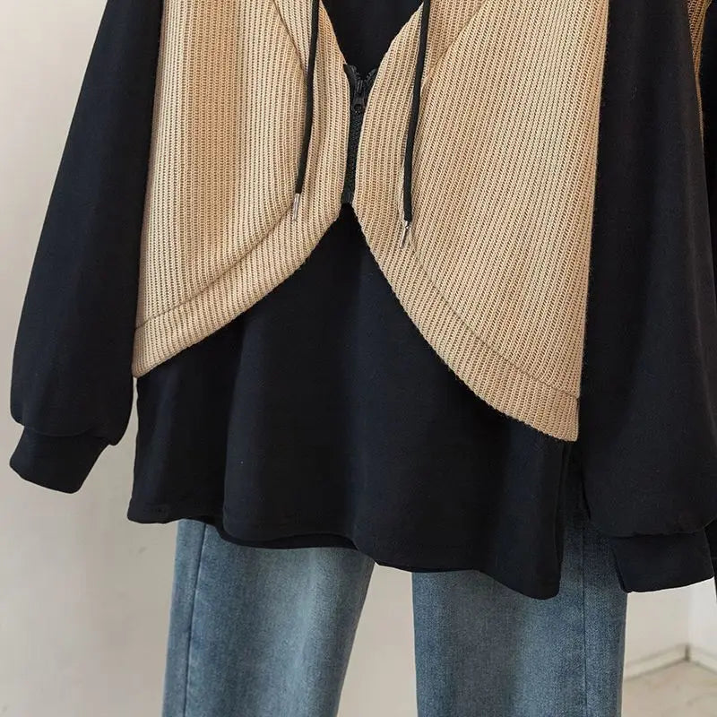 Hooded Fake Two-piece Spliced lange mouwen Sweatshirt Herfst en Winter Slim Top