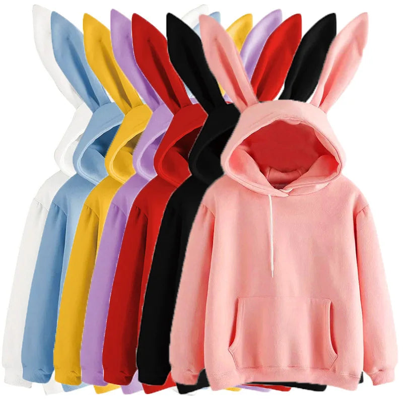 Herfst- en winterkleding voor dames Harajuku Wei hooded rabbit hoodie effen kleur