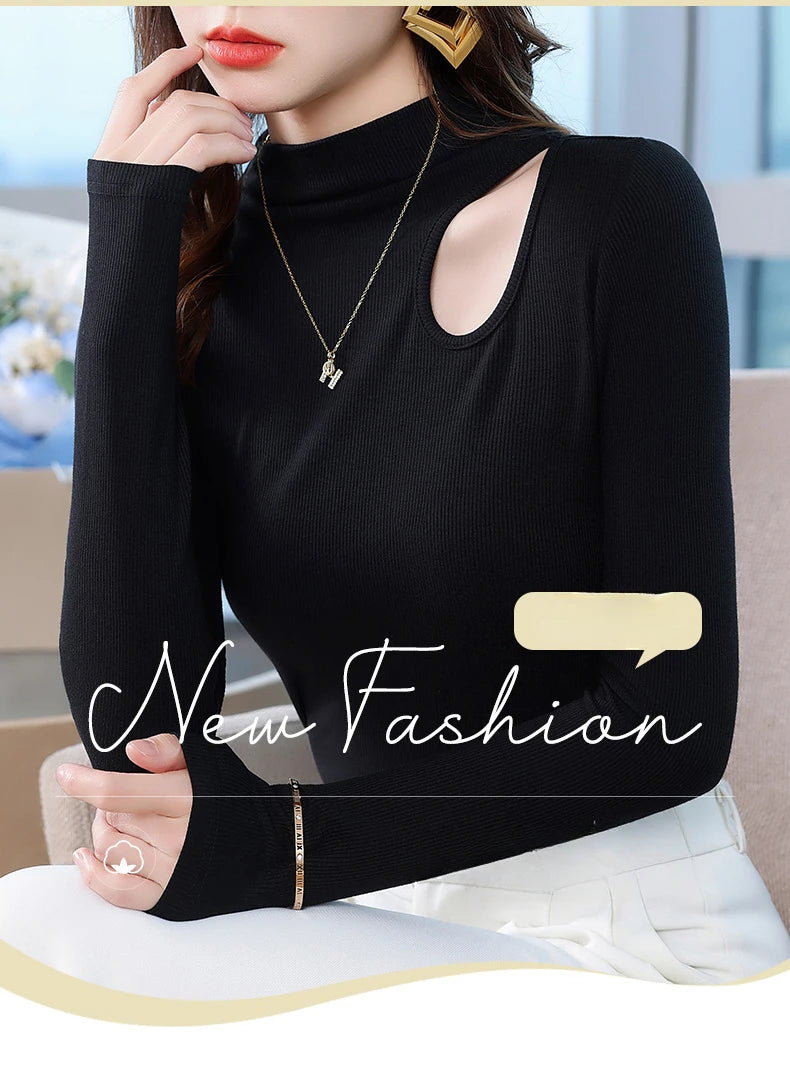Dames Herfst Winter Bottoming Shirt Zwart Wit Casual Basic Slim Fluweel Thermisch