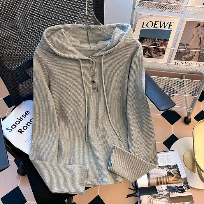 Uniek geknoopt T-shirt met capuchon voor dames, lente/herfst, onregelmatige korte mouwen, lange mouwen, basislaag