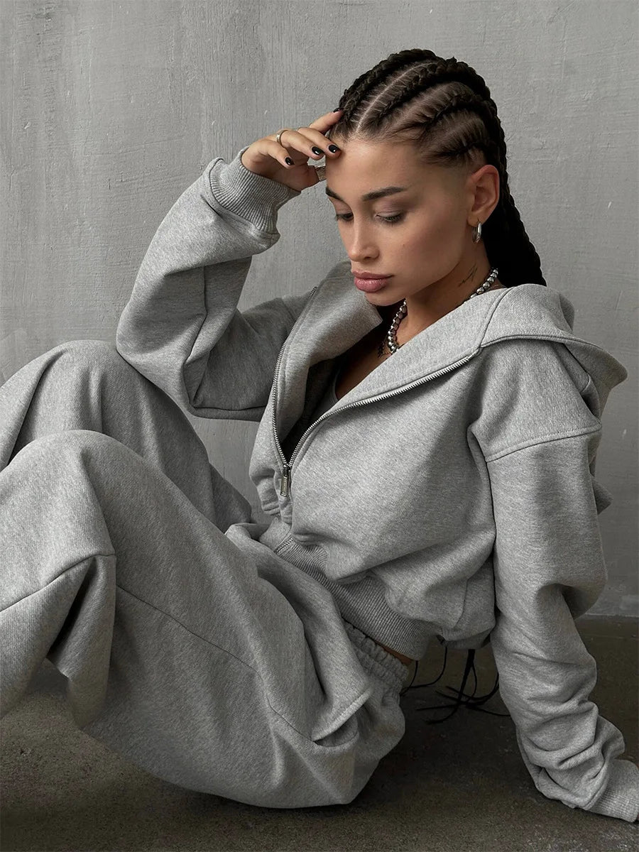 Bornladies Dames Cropped Hoodie Sweatpants Set Losse Trekkoord Taille Ritssluiting