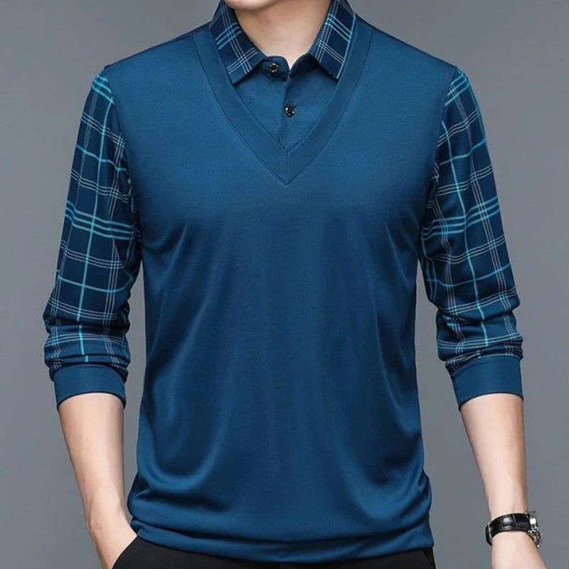 Spring Long Sleeve Polo Men s T shirt Turn down Collar Loose Solid Plaid Fashion