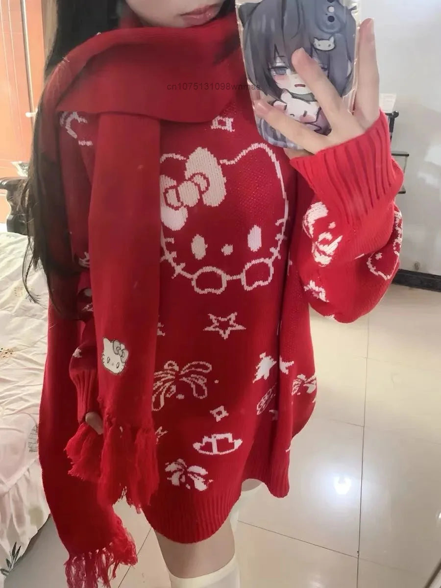 Kerst Hello Kitty schattige gebreide trui met sjaal voor vrouwen Y2k
