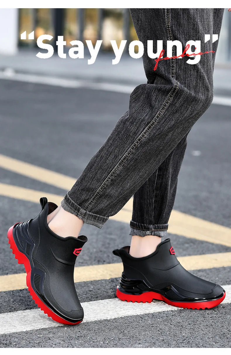 Korean Style Short Sporty Rain Boots Thickened Wide Comfortable Men s Slip On Water Shoes Anti