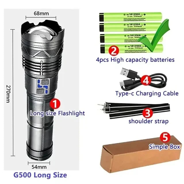 100W krachtige LED-zaklamp, ultraheldere tactische zaklamp met groot bereik, USB