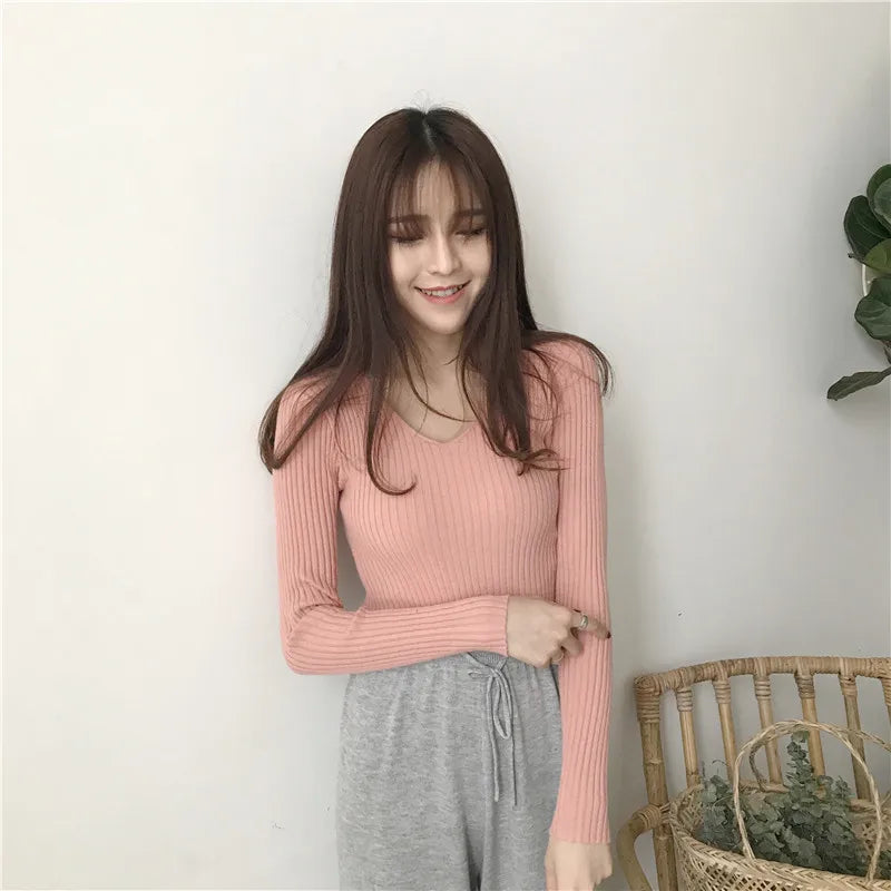 Heliar Dames V-hals Slim Sexy Trui Gebreid Lange Mouw Effen Onderkant Trui