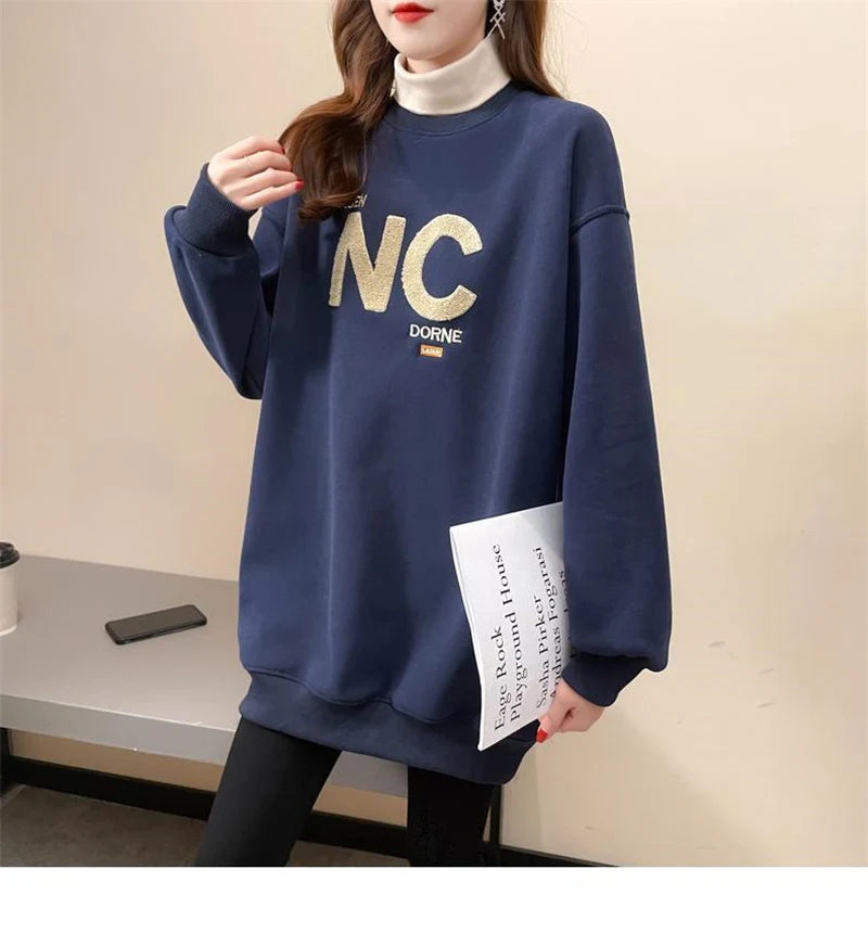 Autumn Winter High Collar Long Sleeve Fleece Thick Oversize Streetwear Female Sweatshirt Fake 2