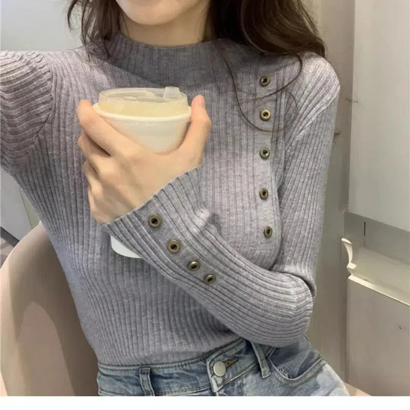 Весна-Осень Женская Одежда Однотонный Пуловер На Пуговицах Вязаный Свитер
