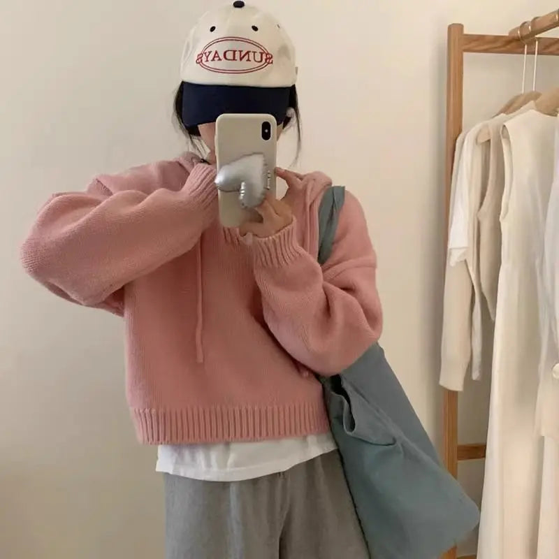 Koreaanse gebreide hoodie met capuchon, effen kleur, zachte en losse bedekking