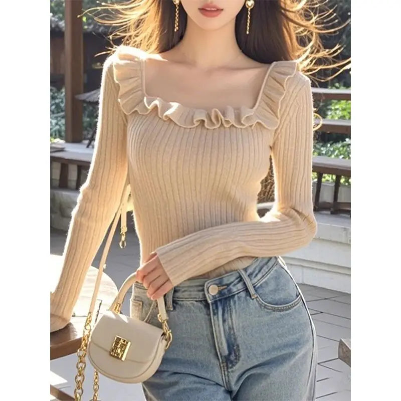 Женская одежда Осень Зима Однотонный пуловер с квадратным воротником и винтовой резьбой