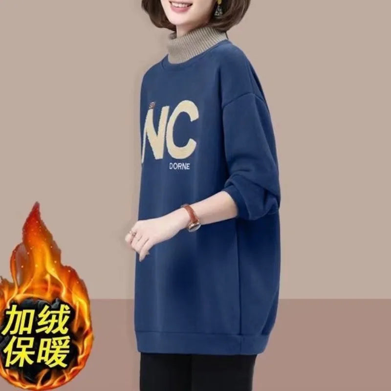 Herfst- en winterse effen coltrui met lange mouwen voor dames met letter plus