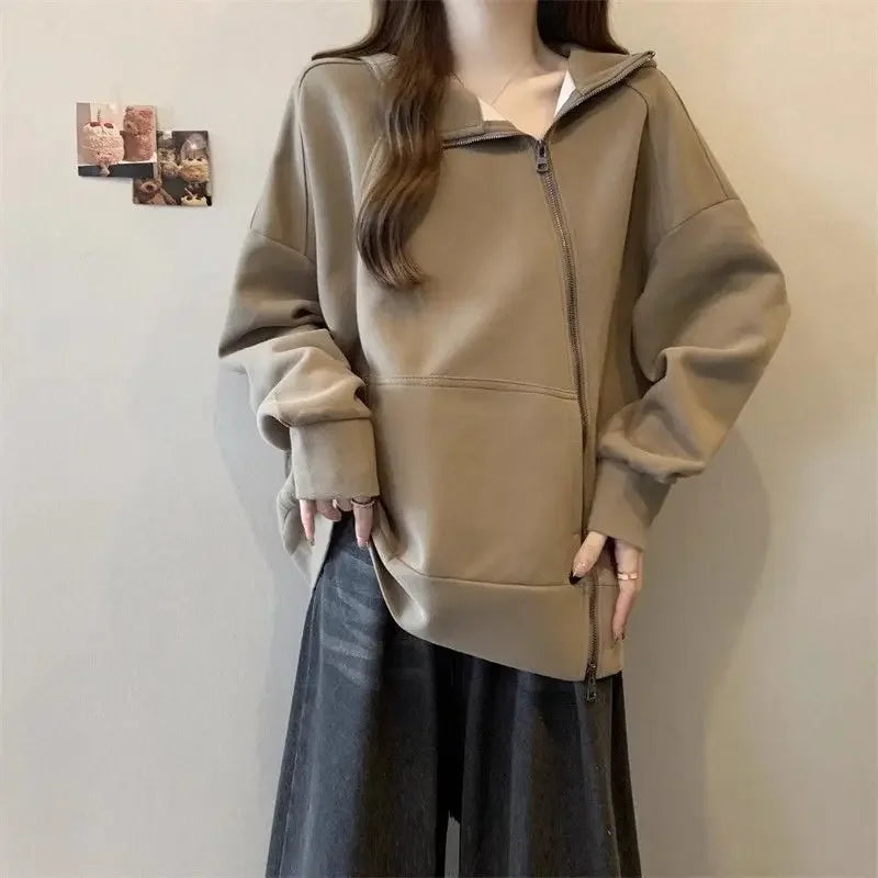 Plus Size Women Belly covering Hooded Diagonal Zipper Long sleeved Sweatshirt for Fat Girls Loose