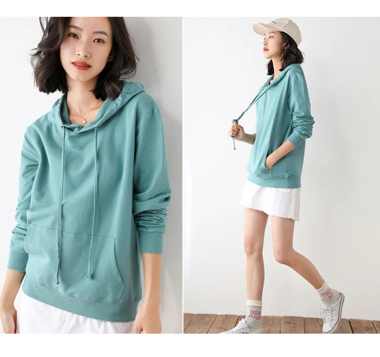 Dames Hoodies 100% Katoen Lente Herfst Losse Lange Mouwen Truien Effen