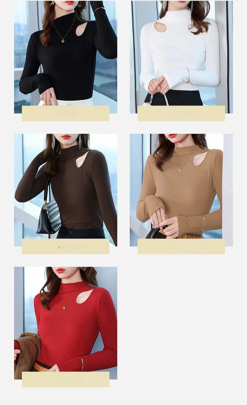 Dames Herfst Winter Bottoming Shirt Zwart Wit Casual Basic Slim Fluweel Thermisch