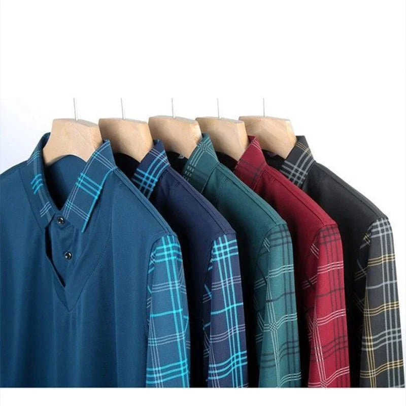 Spring Long Sleeve Polo Men s T shirt Turn down Collar Loose Solid Plaid Fashion