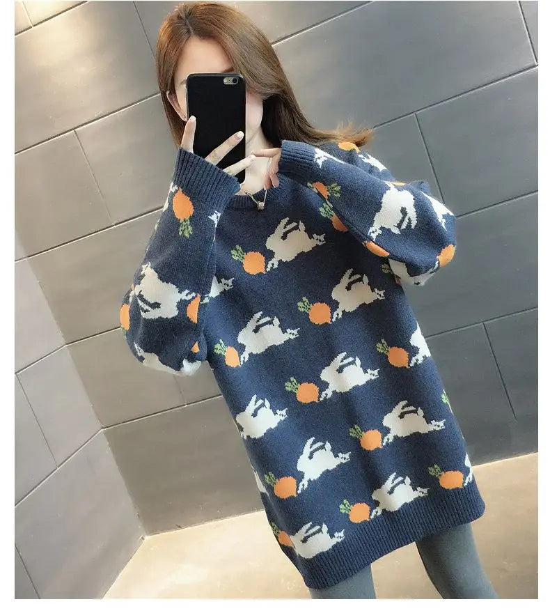 Retro Medium to Long Length Outerwear Fashionable Versatile Women s Sweater Wide Elastic Knitted