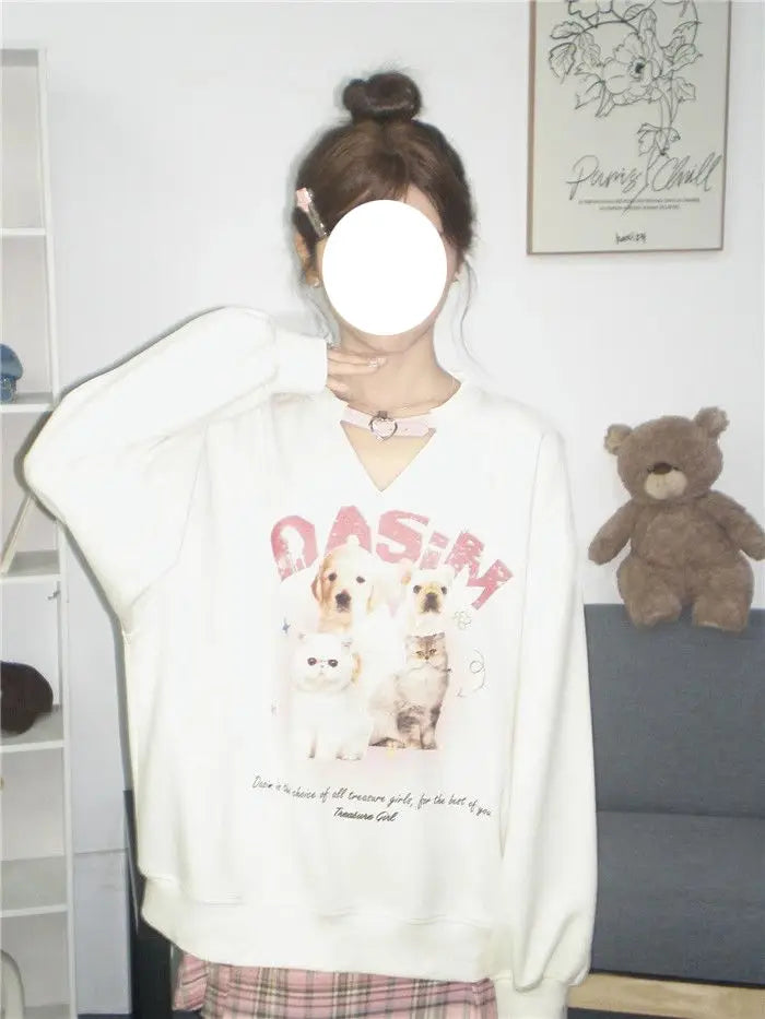 College-stijl schattige bedrukte fleece hoodie met lange mouwen voor dames en uniek ontwerp Sense Niche Loose