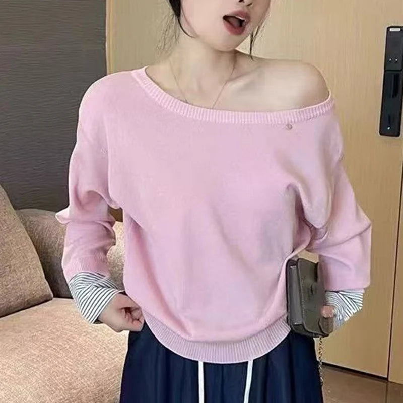 Полосатый свитер с плетением для женщин, модный свитер с открытыми плечами на весну и осень