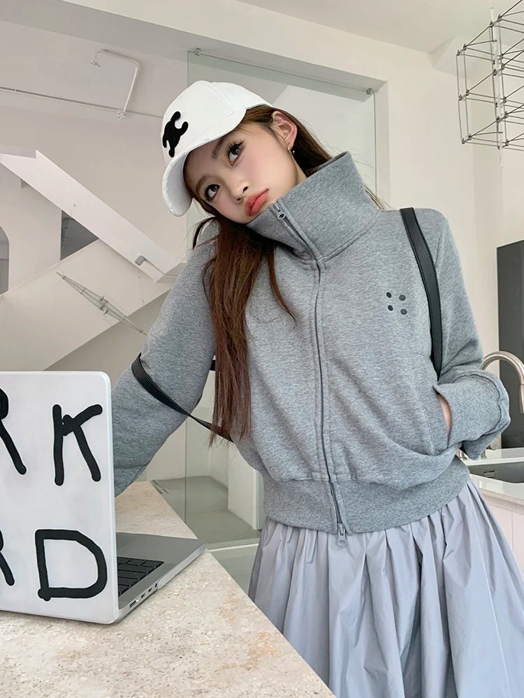 Coltruien voor dames, effen ritsontwerp, chique Koreaanse stijl, eenvoudig