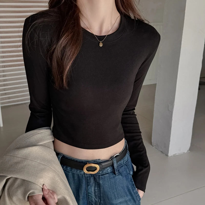 Basic effen kleur crop T-shirt dames lente herfst chique lange mouwen truien