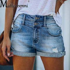 Fashion High Waist Double Button Splice Denim Shorts Women's Commuter Broken Holes Three Quarter Pants Female Casual Streetwear