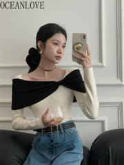 OCEANLOVE Slash Neck Women Sweaters Contrast Color Big Bow Korean Fashion Pull Femme Vintage Elegant Sweet Short Pullovers