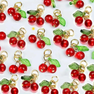 2 50pcs Red Cherry Charm Pendant 3D Small Cherry Glass Charms Pendants for