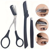 3 pieces stainless steel eyebrow trimming kit, scissors with comb, eyebrow trimmer, tweezers, for precision trimming