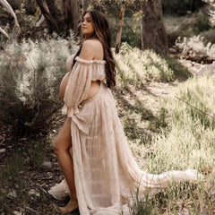 Maternity Gown For Photo Shoot Pleated Chiffon Long Sleeve Off Shoulder Four Piece Boho Style Dress  Photography Dress For Women