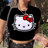 Fashion Hello Kitty Sweet Purple Short Sleeve Women Casual T Shirts Basic All Match Girls Crop Top Soft Bodycon Korean Tees